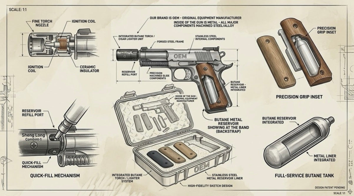 Pistol Shape Full Metal Lighter Gun with wooden and other accessories. OEM New Design. Guaranteed 10 Years.