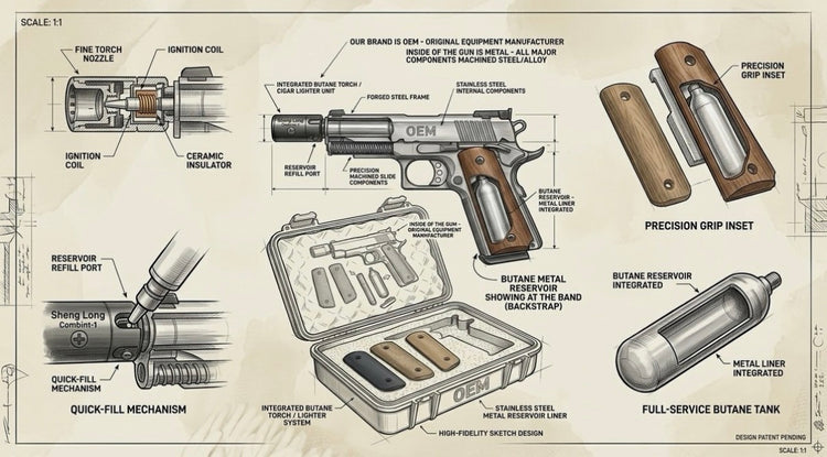 Pistol Shape Full Metal Lighter Gun with wooden and other accessories. OEM New Design. Guaranteed 10 Years.