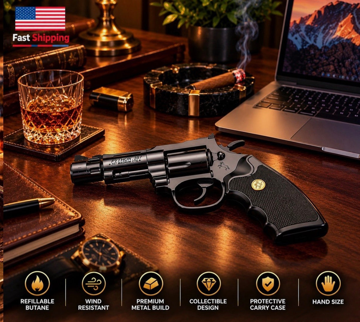Revolver Pistol Shape Full Metal Lighter Gun. OEM New Design. Guaranteed 10 Years.
