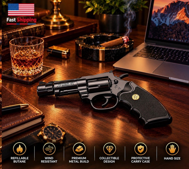 Black revolver lighter on a wooden desk beside a cigar