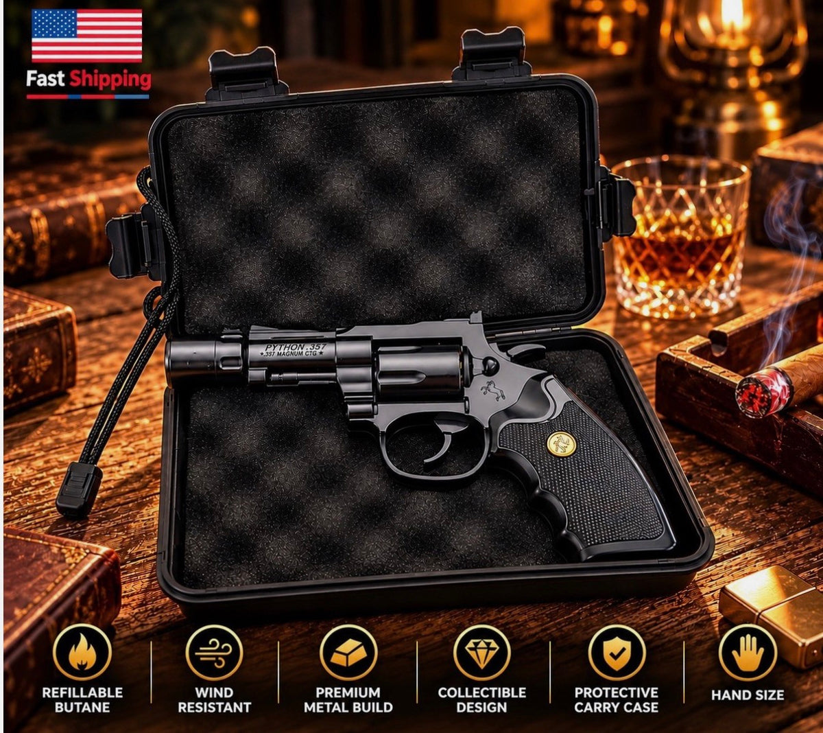 Revolver Pistol Shape Full Metal Lighter Gun. OEM New Design. Guaranteed 10 Years.