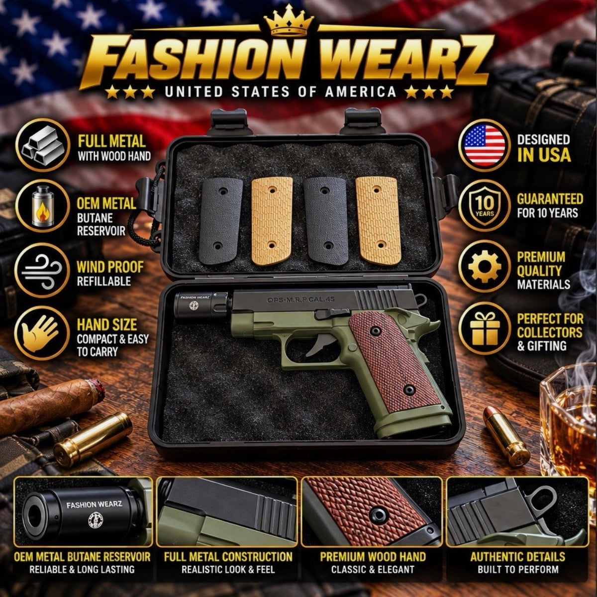 Pistol Shape Full Metal Lighter Gun with wooden and other accessories. OEM New Design. Guaranteed 10 Years.