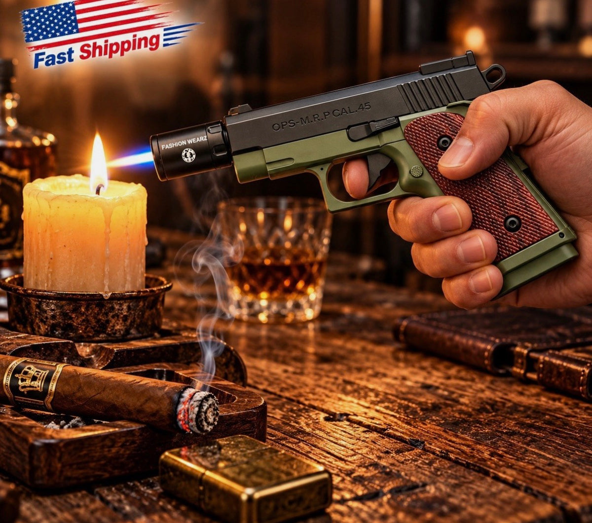 Pistol Shape Full Metal Lighter Gun with wooden and other accessories. OEM New Design. Guaranteed 10 Years.