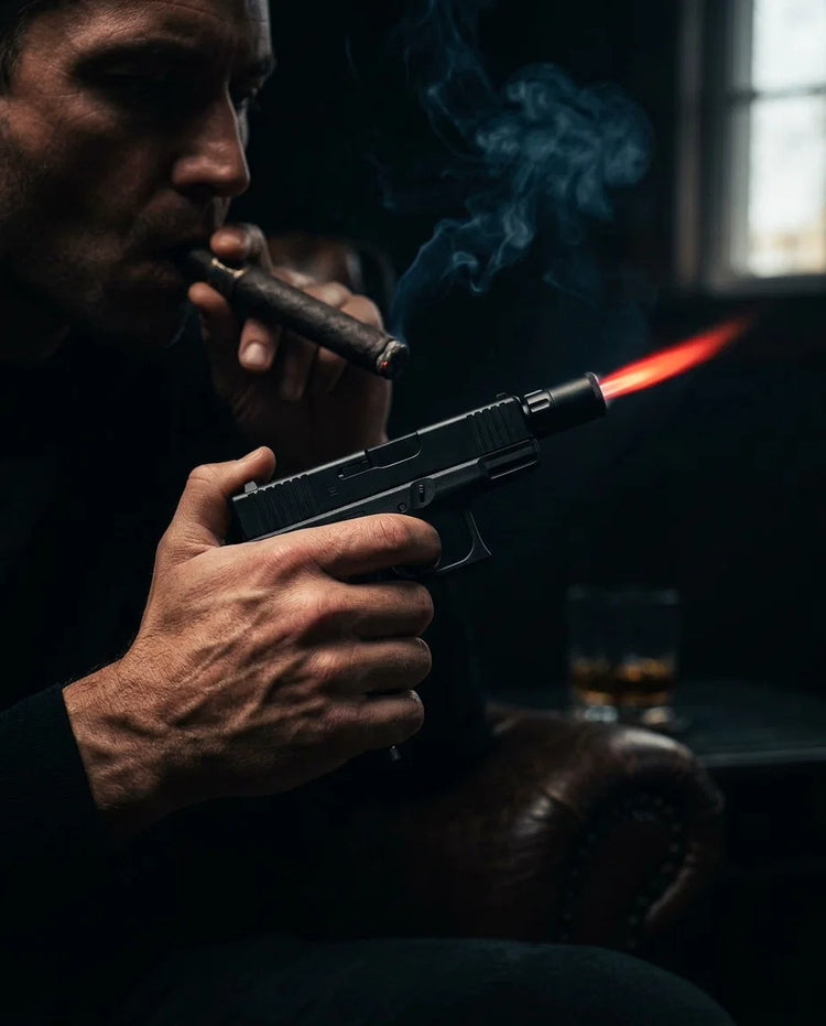 Man lighting a cigar with a pistol-shaped jet lighter